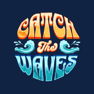 A blue and orange logo for catch the waves.
