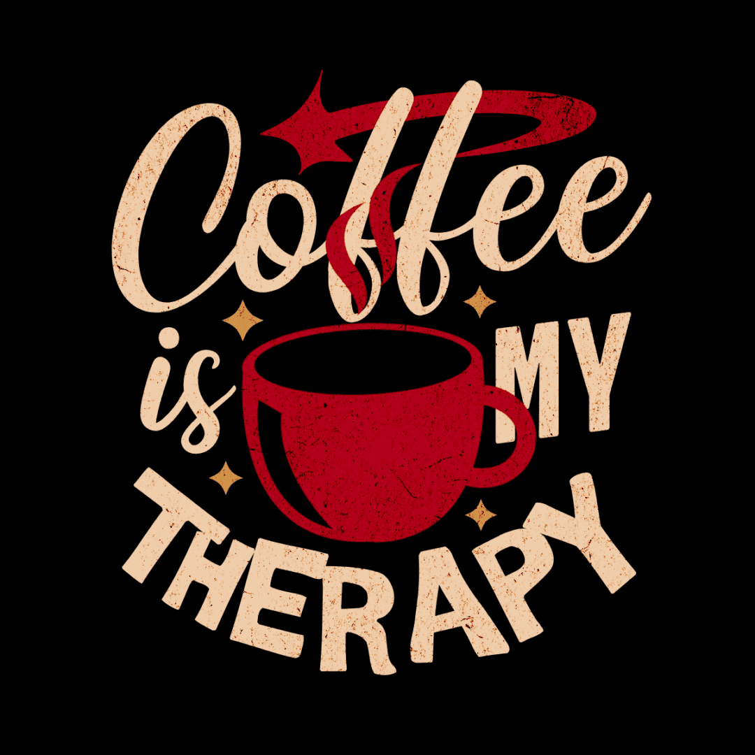 A red coffee cup with the words " coffee is my therapy ".