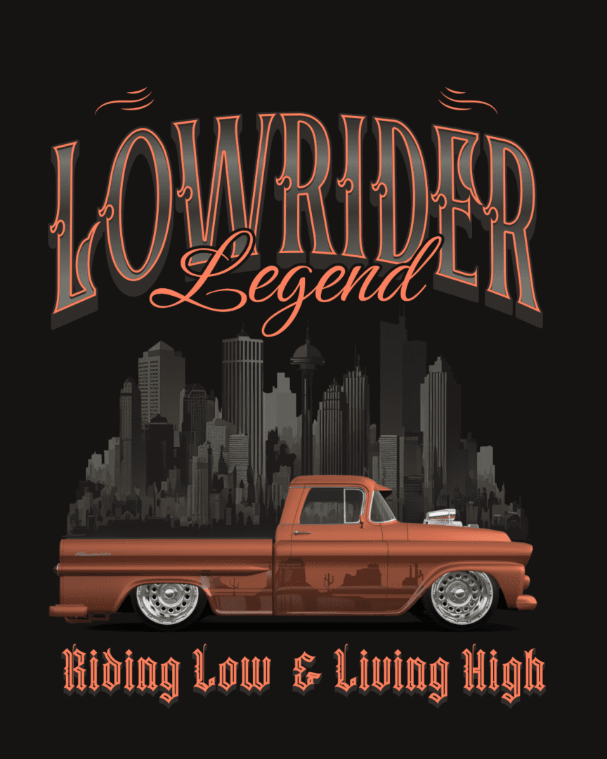A red truck with the words " lowrider legend " on it.