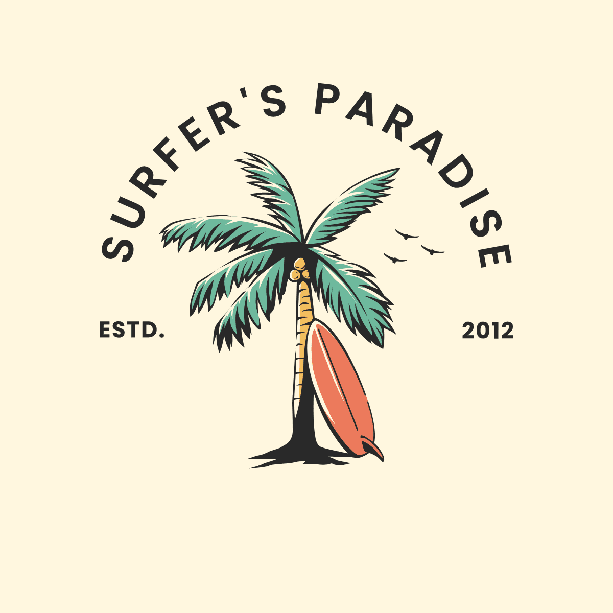 A surfer 's paradise logo with palm tree and surfboard.