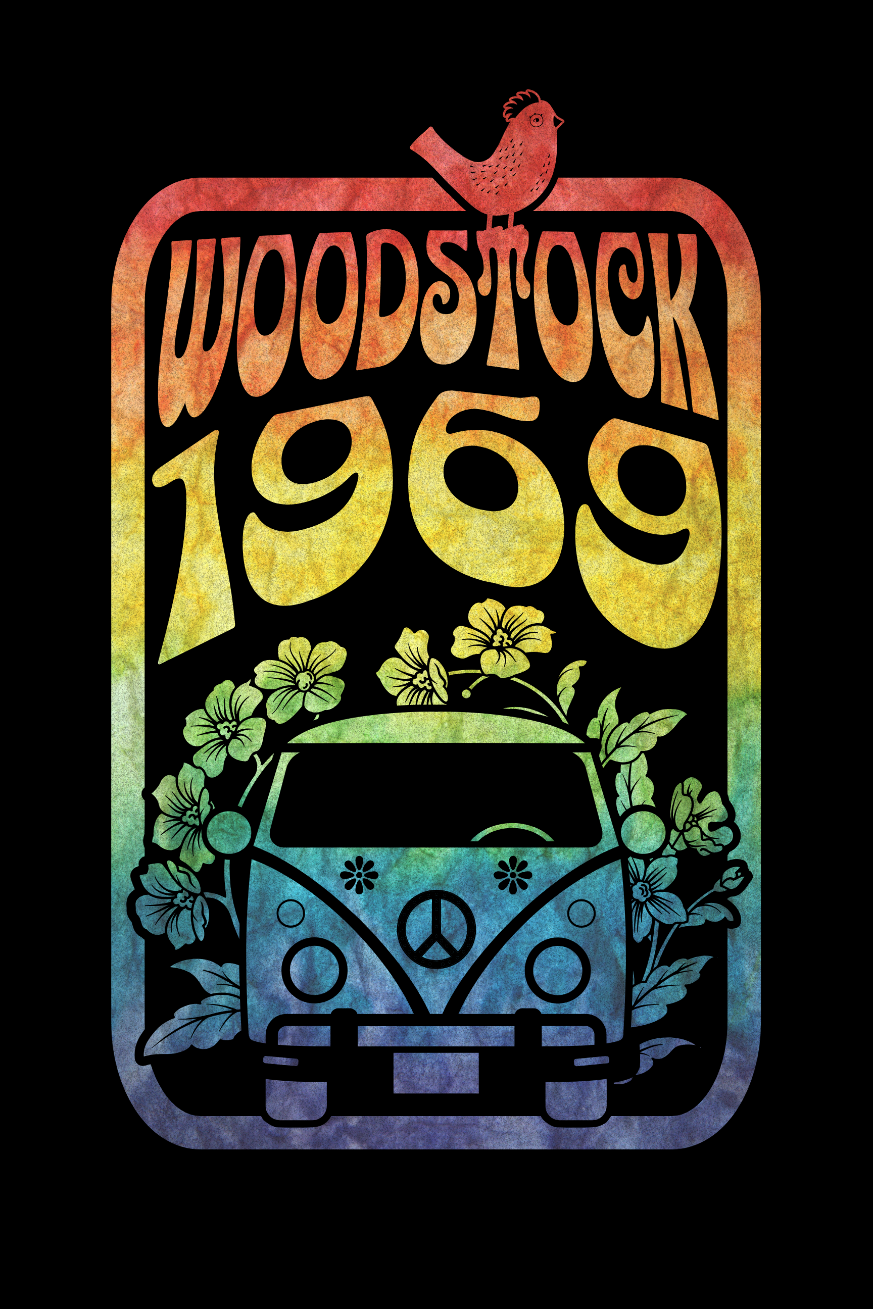 A colorful picture of a van with the words " woodstock 1 9 6 9 ".